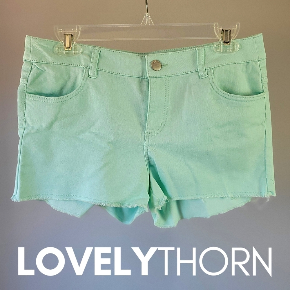 H&M // mint green raw hem short shorts